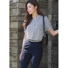V-neck Pleated Stripe Blouse Ivory - One Size