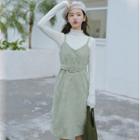 Long-sleeve Top / Faux Suede Pinafore Dress With Belt