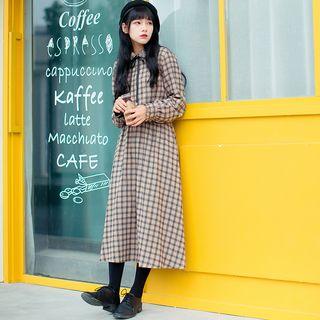 Peter Pan Collar Long-sleeved Gingham A-line Long Dress