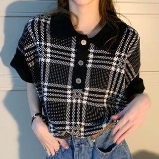 Short-sleeve Plaid Polo Shirt Black & White - One Size