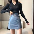 Cut Out Rib Knit Top / A-line Faux Leather Mini Skirt