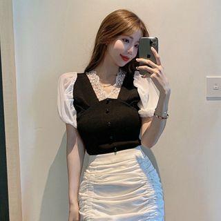 Puff-sleeve Two-tone Lace Trim Blouse