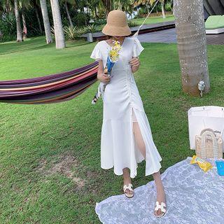 V-neck Ruffled Short-sleeve Midi A-line Dress