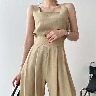 Plain Square-neck Tank Top / High-waist Wide Leg Pants