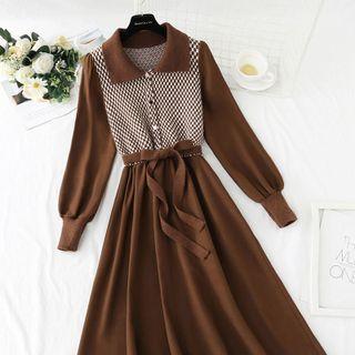 Long-sleeve Checkered Panel Collared Midi A-line Dress