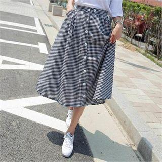 Button-front Gingham A-line Maxi Skirt