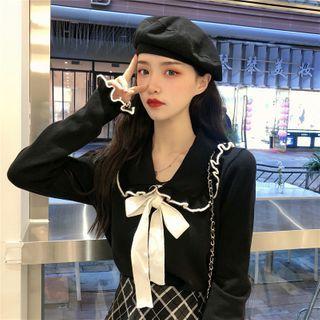 Lettuce Edge Collared Bow Knit Top