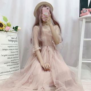 Shirred Midi Spaghetti Strap Dress / Long Light Jacket