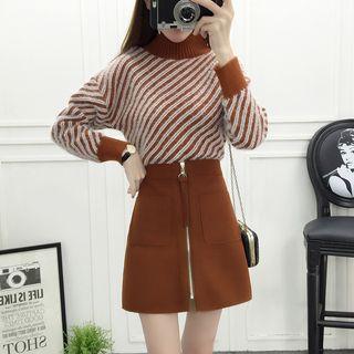 Set: Diagonal Stripe Mock-neck Sweater + Zipped A-line Skirt