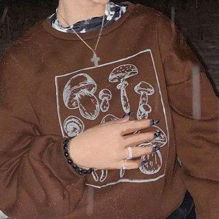 Long-sleeve Crew-neck Mushroom Print Sweater