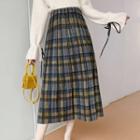 Pleated Plaid Mid Skirt Plaid - Yellow - One Size