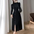 Mock-neck Midi A-line Slit Knit Dress