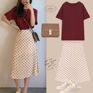 Set: Elbow-sleeve T-shirt + Polka Dot A-line Midi Skirt