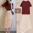 Set: Elbow-sleeve T-shirt + Polka Dot A-line Midi Skirt