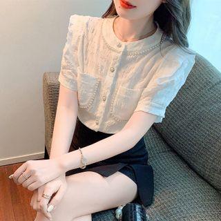 Short Sleeve Ruffled Beaded Detail Blouse