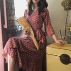 Dotted Side Tie 3/4-sleeve Midi Dress