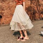 Lace-hem Midi Mesh A-line Skirt