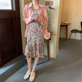 Spaghetti Strap Floral Print Midi Dress / Plain Shirt
