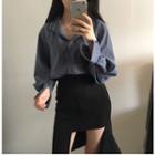 Long Sleeve Plain Shirt / Asymmetric Hem A-line Skirt