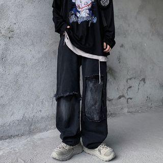 High-waist Frayed Loose Fit Washed Jeans