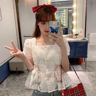 Plain Square-neck Lace Short-sleeve Blouse