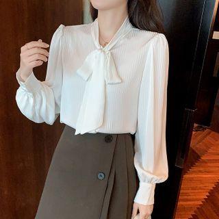 Long-sleeve Ribbon Neckline Plain Chiffon Shirt