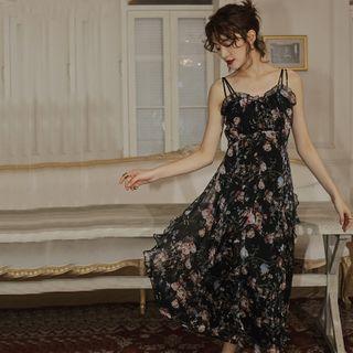 Spaghetti-strap Flower Print Midi A-line Chiffon Dress