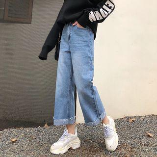 Washed Rolled Wide-leg Jeans