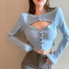 Long-sleeve Cutout Crop T-shirt Blue - One Size