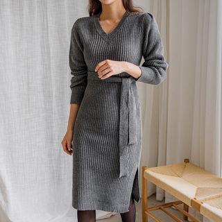 V-neck Rib-knit Dress With Sash