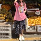 Short-sleeve Print T-shirt / Floral Irregular Midi A-line Skirt