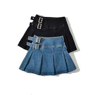 High Waist Denim Pleated Mini Skirt
