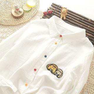 Cat Embroidery Contrast Button Shirt White - One Size