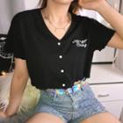 Letter Embroidered Short-sleeve Cropped Knit Top