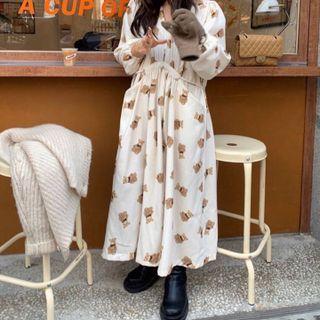Long-sleeve Bear Print Maxi A-line Dress