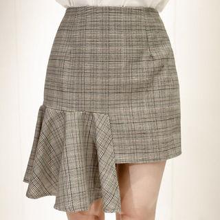 Asymmetric Frill-trim Plaid Skirt