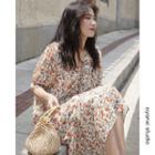 Short-sleeve Floral Midi Chiffon Dress Floral - White - One Size