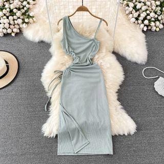 Asymmetrical Shoulder Cutout Slit Dress