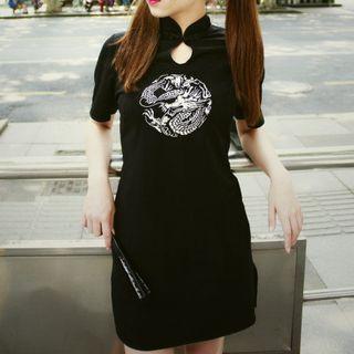 Print Stand-collar Short-sleeve Dress