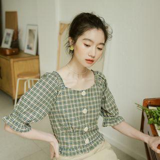 Square-neck Plaid Button-up Cropped Top