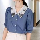 Short-sleeve Embroidered Lapel Button-up Shirt