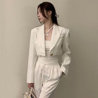 Set: Long-sleeve Plain Cropped Blazer / Spaghetti-strap Plain Top / Drawstring Plain Wide-leg Pants