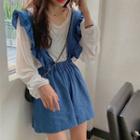 Long-sleeve T-shirt / Ruffled Wide-leg Suspender Shorts