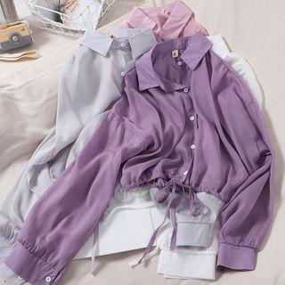 Plain Long-sleeve Drawstring-hem Cropped Blouse