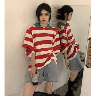 Elbow-sleeve Collared Striped Cutout T-shirt
