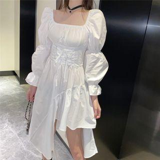 Off-shoulder Puff-sleeve Asymmetric A-line Dress