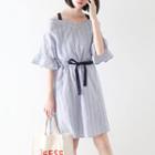 Open Shoulder Pinstripe Elbow-sleeve Dress