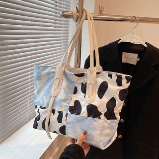 Cow Print Panel Tote Bag Blue - One Size
