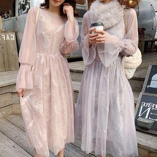Set: Bell-sleeve Midi Mesh Dress + Spaghetti Strap Dress