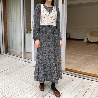 Set: Crochet Knit Vest + Floral Chiffon Dress